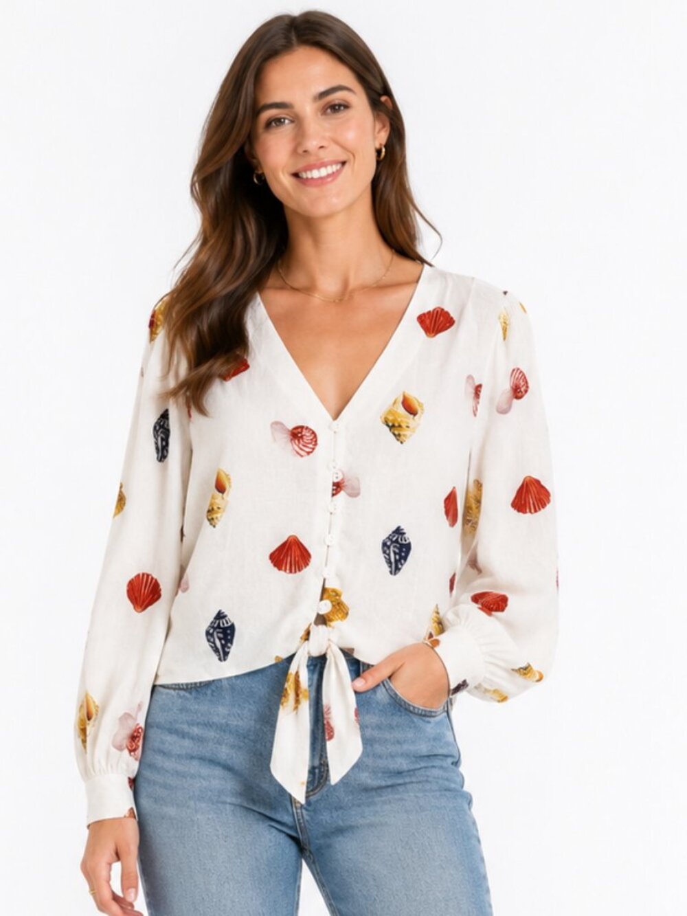 Joie White Linen Blend Seashell Print Tie Front Cropped Blouse Women's Size 12